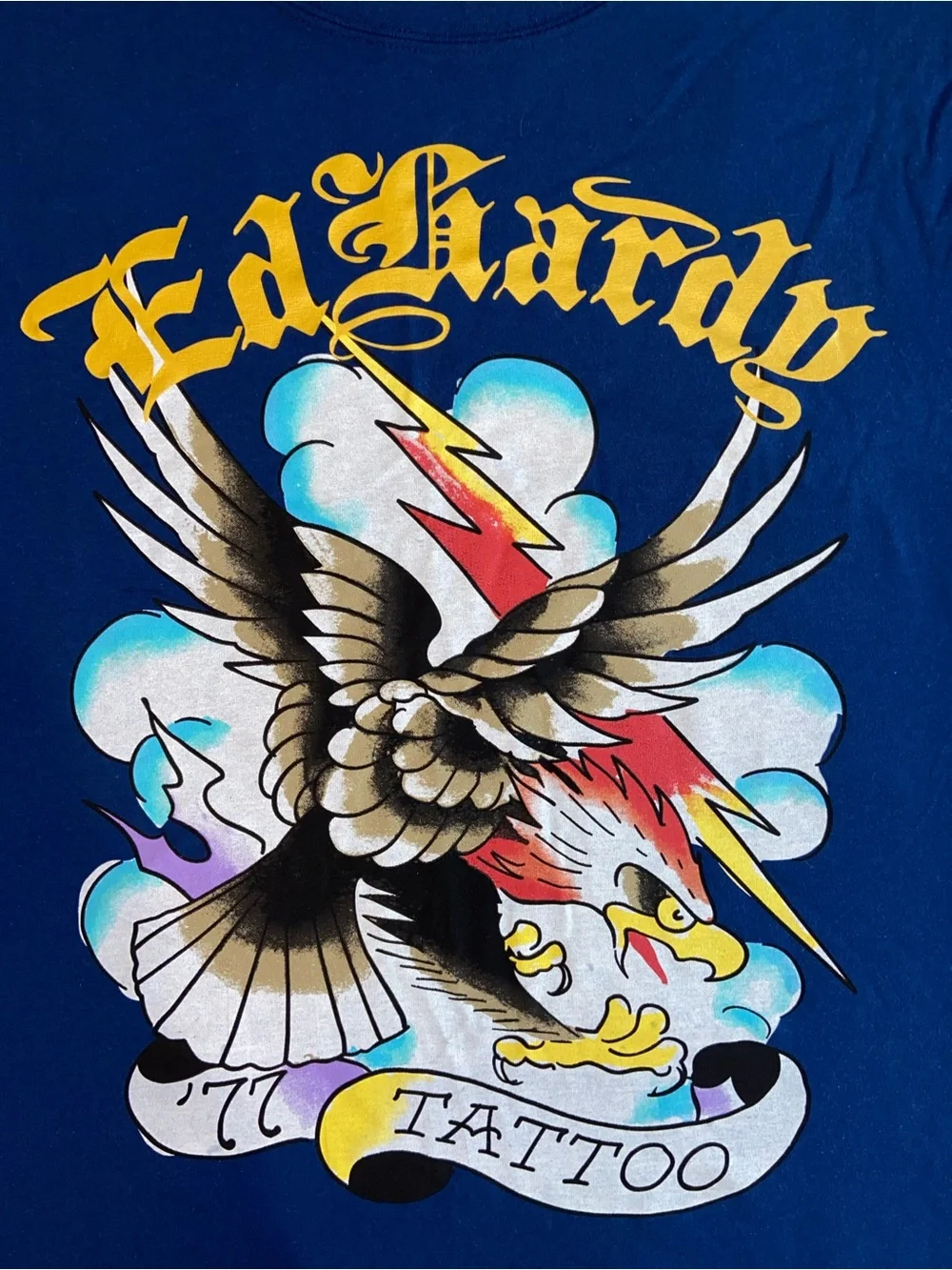 Ed Hardy Blue Short-Sleeve Tattoo Eagle Tee with Yellow Logo - Large